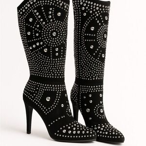 Lauren Lorraine Black Suede Studded Knee-High Boots.